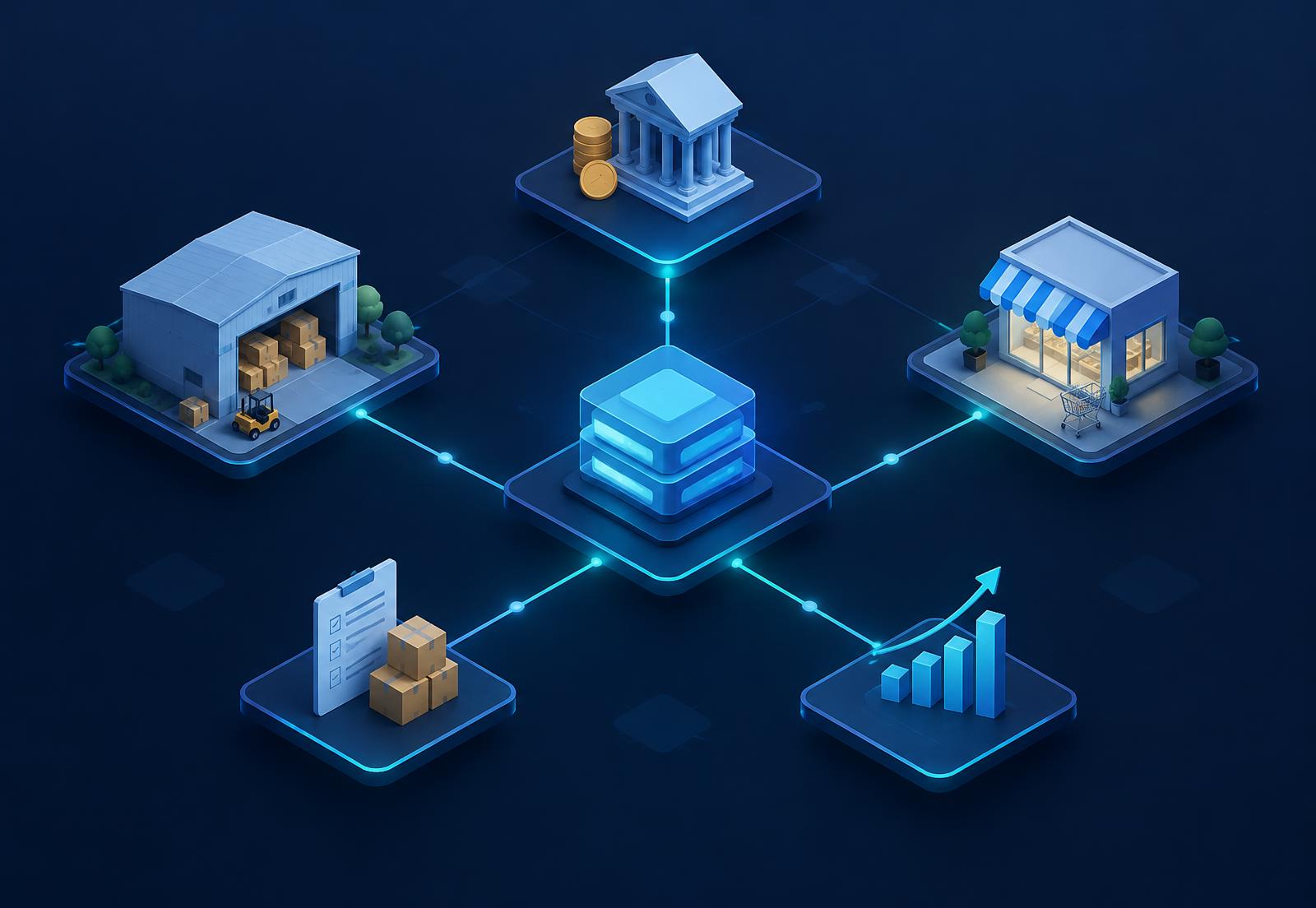 Diagram of an ERP platform connecting finance, warehouse, retail store, purchasing and reporting