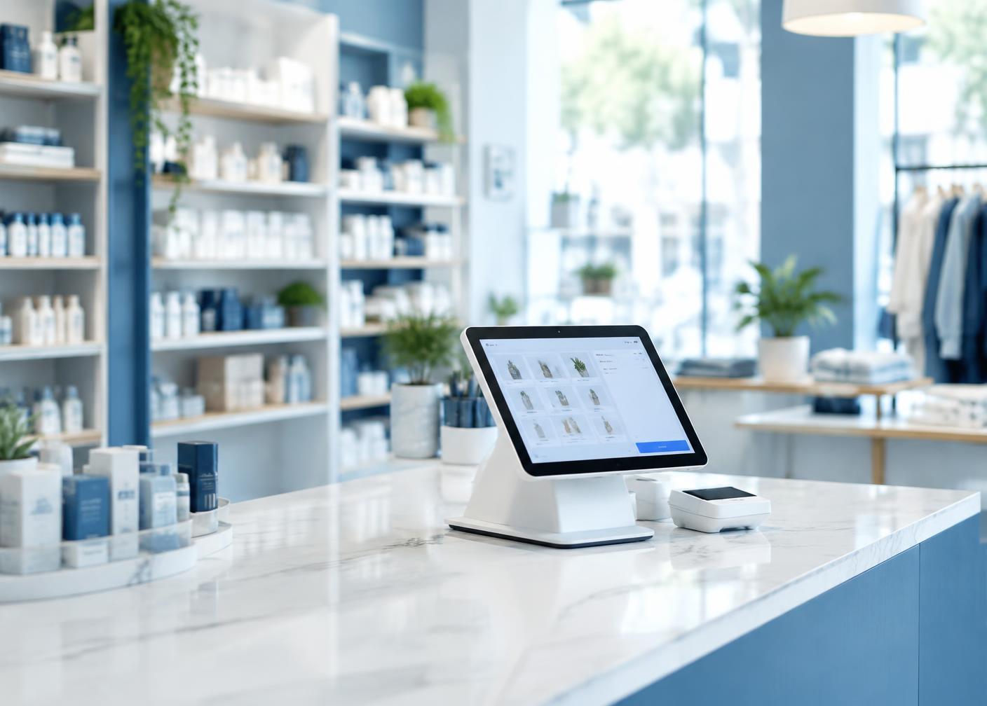 Retail store counter with a POS terminal